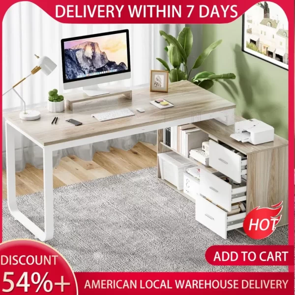 55" L-Shaped Desk with Drawers and Storage Shelves – Corner Computer Desk with Removable Monitor Stand for Home Office or Study - Image 2