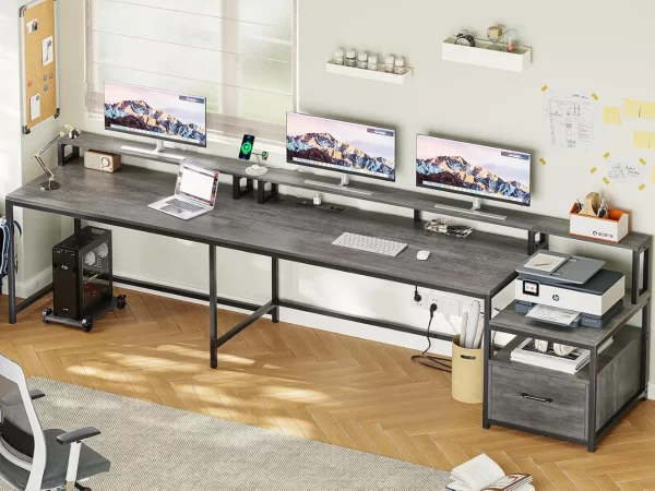 SEDETA 66" L-Shaped Desk with File Drawer, Power Outlet & LED Lights – Corner Home Office & Gaming Workstation - Image 2