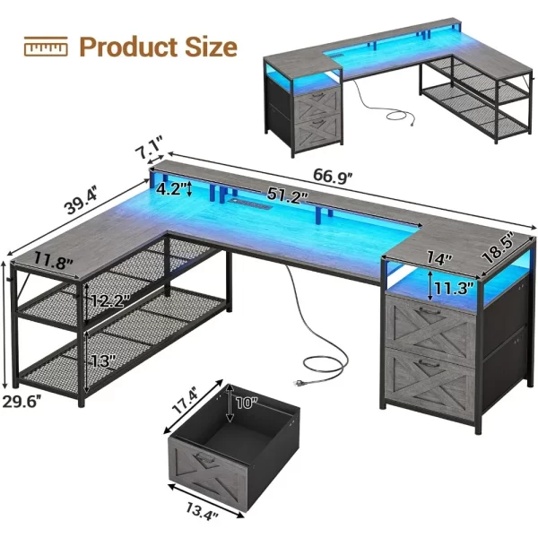 SEDETA 67" Reversible L-Shaped Gaming Desk with Drawers, LED Lights, Power Outlet & Storage Shelves - Image 2