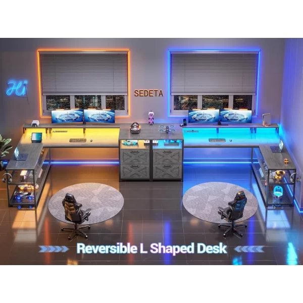 SEDETA 67" Reversible L-Shaped Gaming Desk with Drawers, LED Lights, Power Outlet & Storage Shelves - Image 3