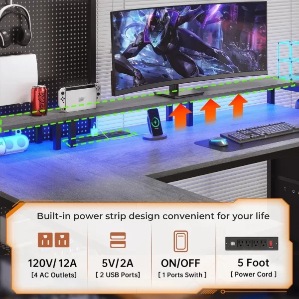 SEDETA 67" Reversible L-Shaped Gaming Desk with Drawers, LED Lights, Power Outlet & Storage Shelves - Image 4