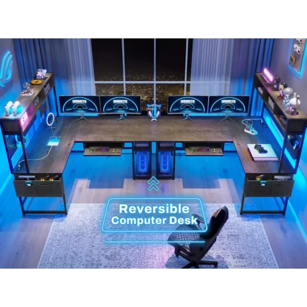 SEDETA 94” L-Shaped LED Desk with Storage, Pegboard & Built-in Charging Ports - Image 2