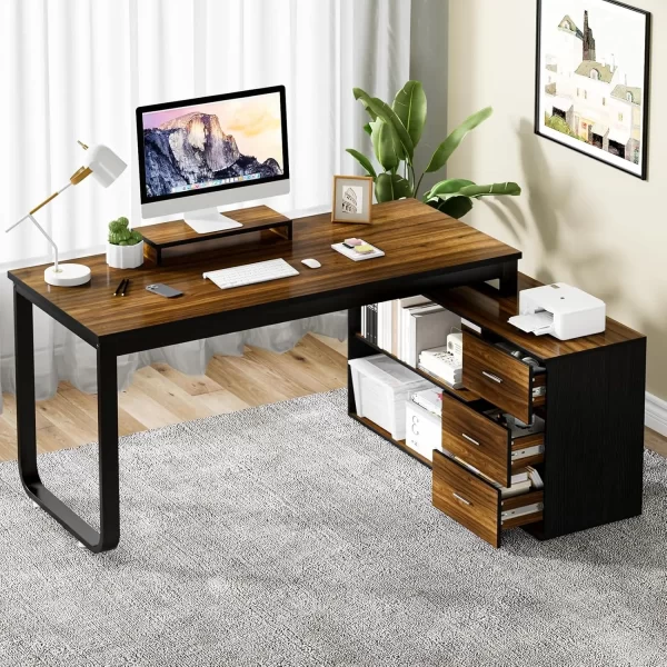 55" L-Shaped Desk with Drawers and Storage Shelves – Corner Computer Desk with Removable Monitor Stand for Home Office or Study - Image 8