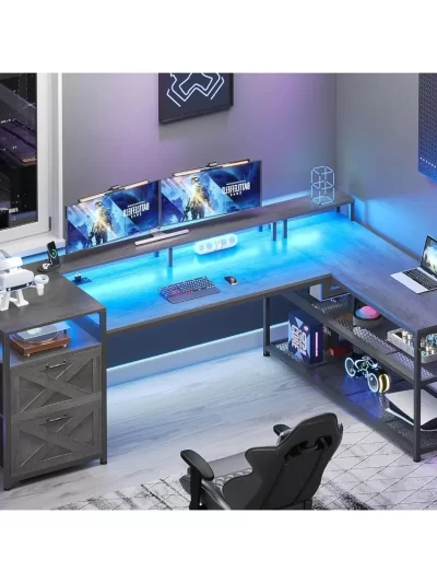 SEDETA 67" Reversible L-Shaped Gaming Desk with Drawers, LED Lights, Power Outlet & Storage Shelves