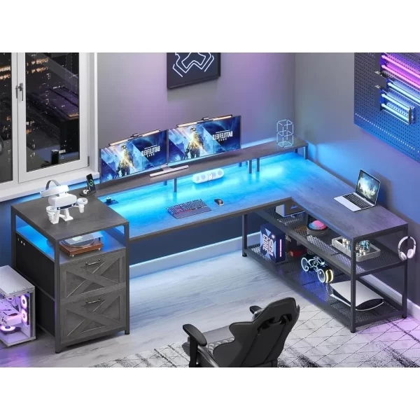 SEDETA 67" Reversible L-Shaped Gaming Desk with Drawers, LED Lights, Power Outlet & Storage Shelves