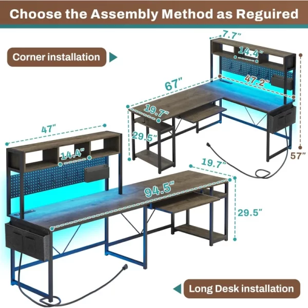 SEDETA 94” L-Shaped LED Desk with Storage, Pegboard & Built-in Charging Ports - Image 3