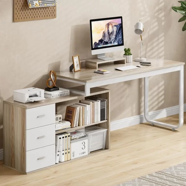55" L-Shaped Desk with Drawers and Storage Shelves – Corner Computer Desk with Removable Monitor Stand for Home Office or Study - Image 4