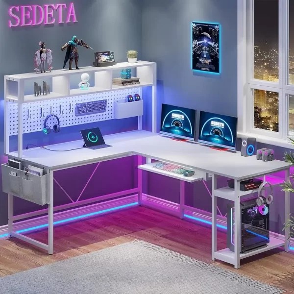 SEDETA 94” L-Shaped LED Desk with Storage, Pegboard & Built-in Charging Ports - Image 10