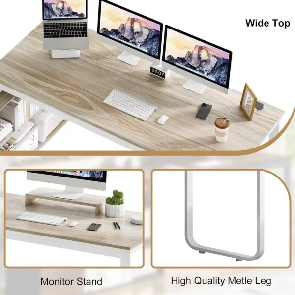 55" L-Shaped Desk with Drawers and Storage Shelves – Corner Computer Desk with Removable Monitor Stand for Home Office or Study - Image 5