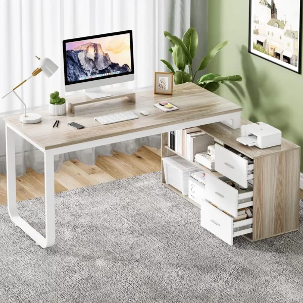 55" L-Shaped Desk with Drawers and Storage Shelves – Corner Computer Desk with Removable Monitor Stand for Home Office or Study
