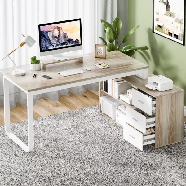 55" L-Shaped Desk with Drawers and Storage Shelves – Corner Computer Desk with Removable Monitor Stand for Home Office or Study - Image 7