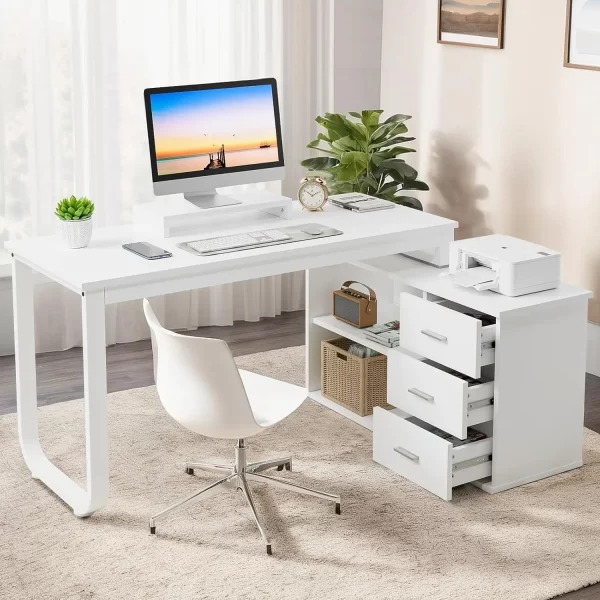 55" L-Shaped Desk with Drawers and Storage Shelves – Corner Computer Desk with Removable Monitor Stand for Home Office or Study - Image 9