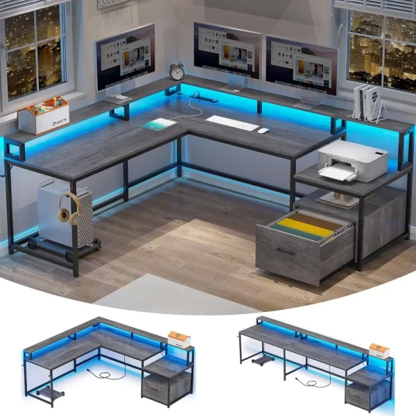 SEDETA 66" L-Shaped Desk with File Drawer, Power Outlet & LED Lights – Corner Home Office & Gaming Workstation