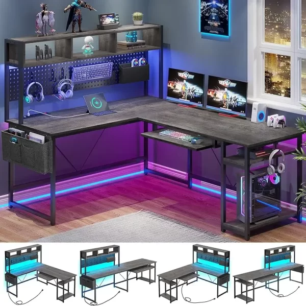 SEDETA 94” L-Shaped LED Desk with Storage, Pegboard & Built-in Charging Ports - Image 9