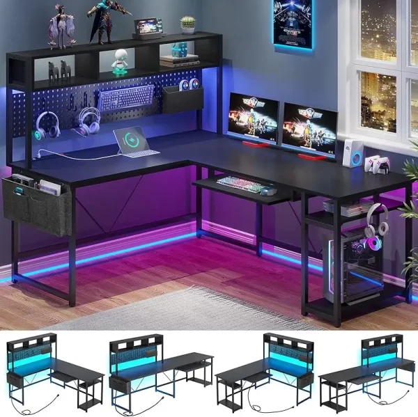 SEDETA 94” L-Shaped LED Desk with Storage, Pegboard & Built-in Charging Ports - Image 7