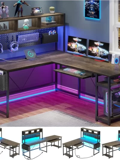 SEDETA 94” L-Shaped LED Desk with Storage, Pegboard & Built-in Charging Ports