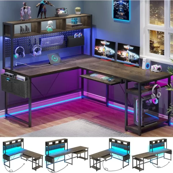 SEDETA 94” L-Shaped LED Desk with Storage, Pegboard & Built-in Charging Ports