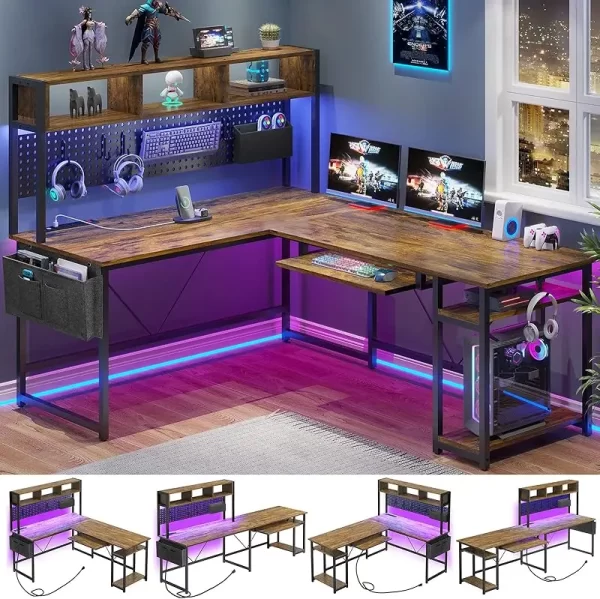 SEDETA 94” L-Shaped LED Desk with Storage, Pegboard & Built-in Charging Ports - Image 8